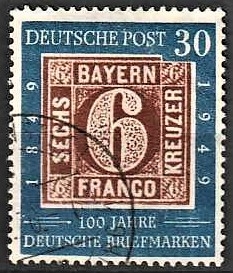 FRIMÆRKER VESTTYSKL. BUND: 1949 | AFA 1078 | Frimærkets 100-års jubilæum - 30 pf. blå/brun - Stemplet
